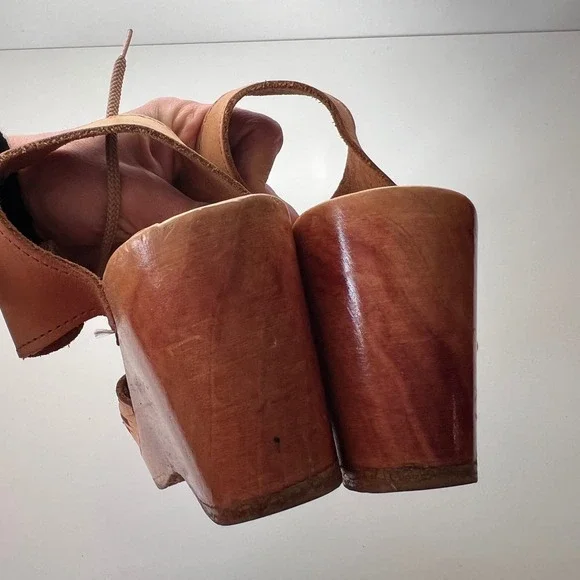 No. 6 Clogs Tan Leather Wooden Platform Wedge Sandals Lace Up Peep Toe Size 40 - Picture 9 of 10